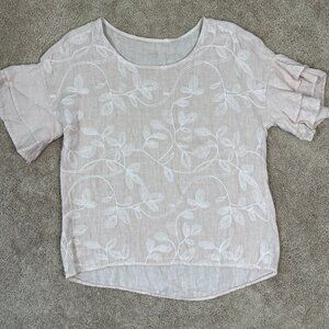 Valentina Naldi Top Womens M Blush Linen Made in Italy Embroidered Ruffle Sleeve